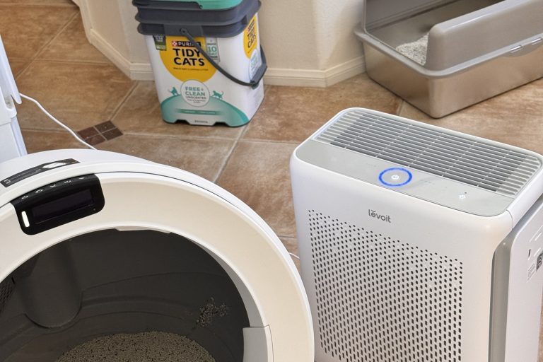 A litter corner with an automatic litter box, an open tray, unscented clumping litter and an air purifier